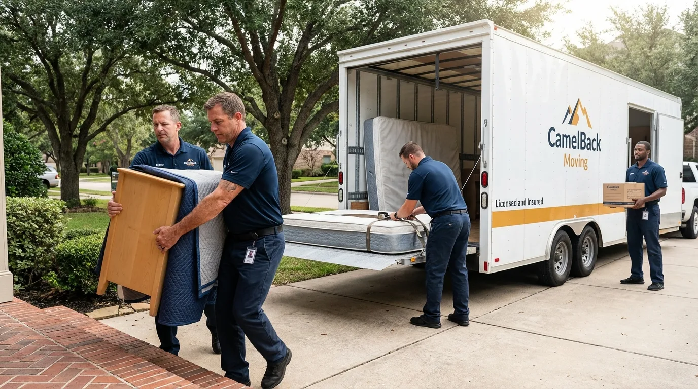 Crew loading residential truck for cross-state move from Cut Off, LA