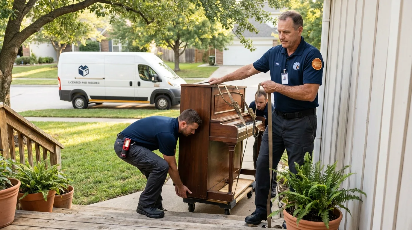 Licensed piano movers securing grand piano in Cut Off, LA