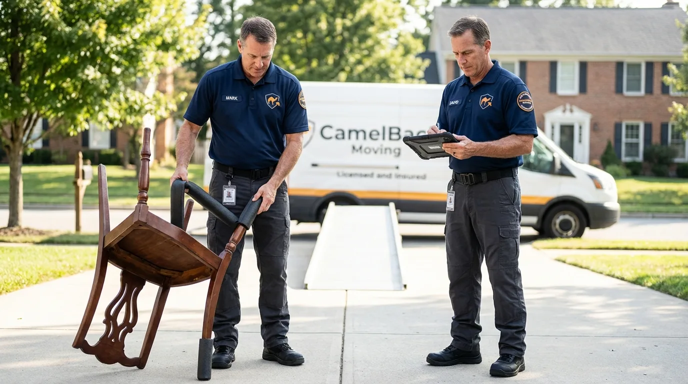Movers inspecting furniture for damage prevention before loading in Cut Off, LA