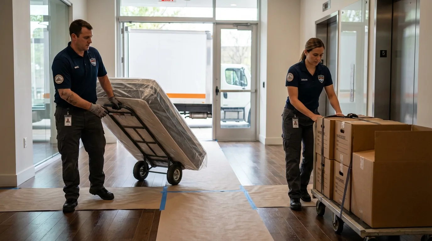 Professional apartment movers loading elevator in Cut Off, LA